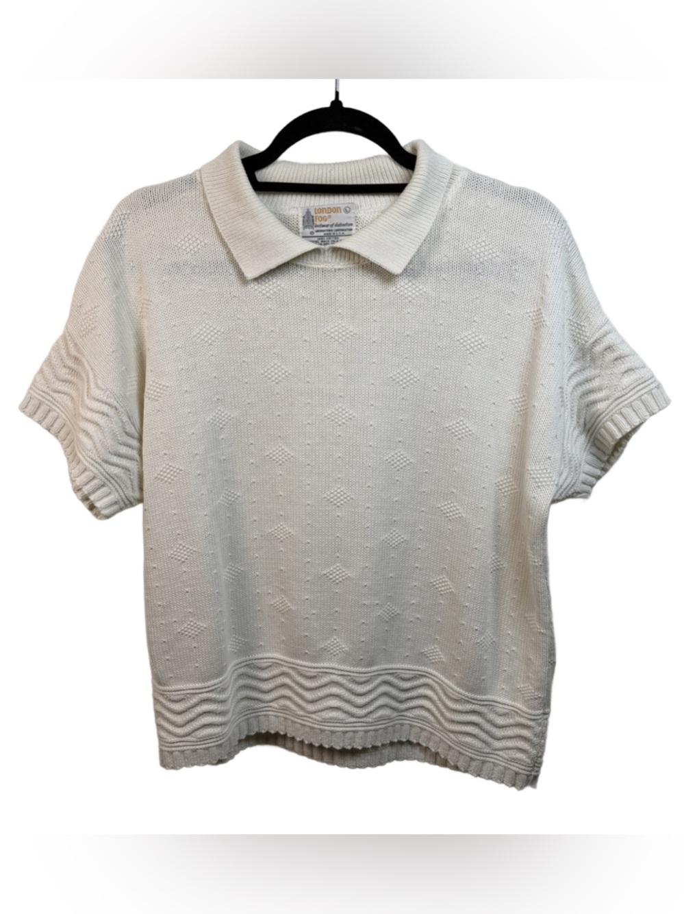 London Fog Cream Short-Sleeve Polo Knit cotton Top Vintage
